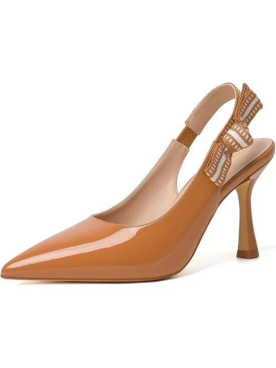 Shoes - Women's Nude Rubber Pointed Closed Toe Buckle Strappy Comfort Slingback Heels